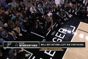 马刺官方：文班亚马左肋骨挫伤 下半场提前退赛